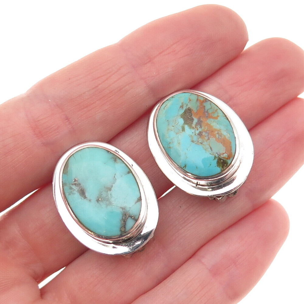925 Sterling Silver Vintage Real Turquoise Modernist Clip On Earrings